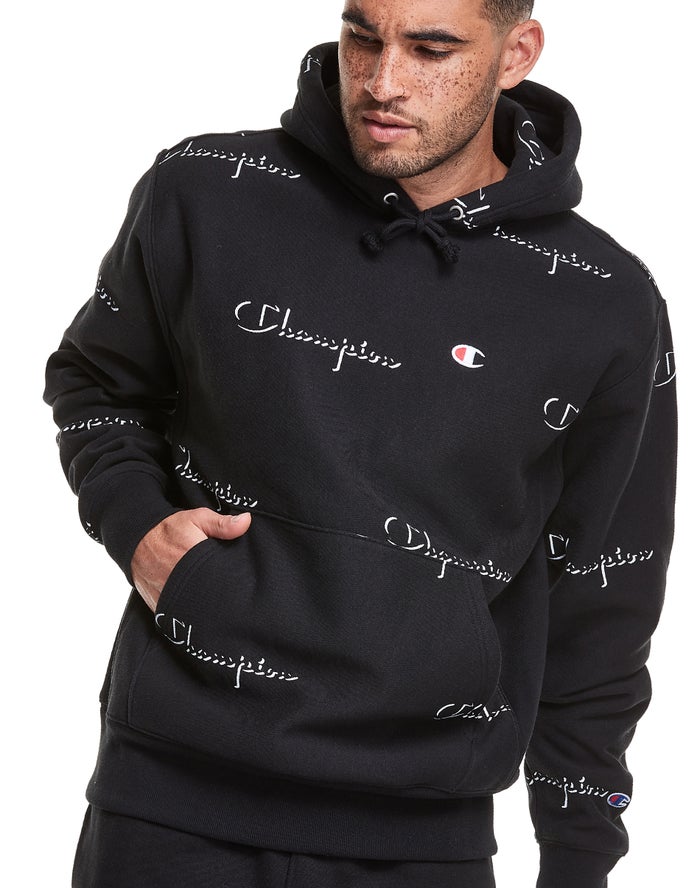 Champion Mens Hoodie NZ - Reverse Weave All Over Print Black ( 1642-EJLMI )